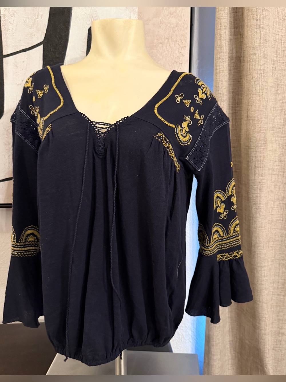 Free People Blue and Gold Embroidered Top